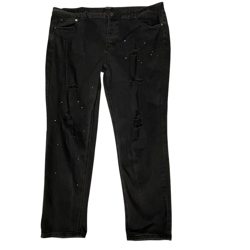 BoohooMAN Jeans Mens 45x29 Black Distressed Paint Splatter Skinny Stretch Denim